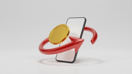 A 3D rendering of a smartphone with a golden coin and a red circular arrow, symbolizing mobile payment, online banking, and digital financial transactions.