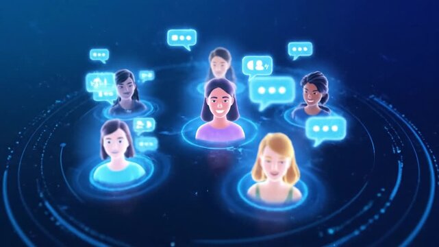 Virtual Team Connection A Digital Network of Smiling Professionals Building Community in a Futuristic, Socially Connected Environment