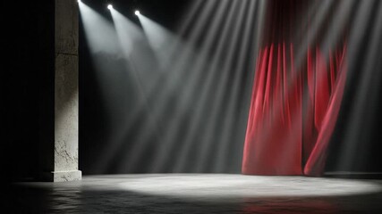 Abstract Red Curtain Opening Animation with Dramatic Lighting on an Empty Stage