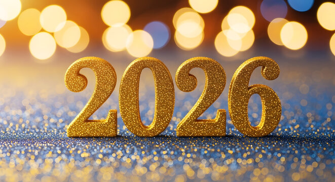 Sparkling golden 2026 numbers on glittery surface with bokeh lights background