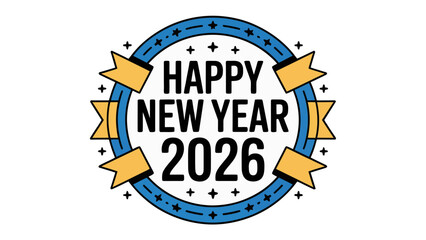 Happy New Year 2026 Celebration: A vibrant circular design celebrating the arrival of the New Year, incorporating festive elements and bold typography.