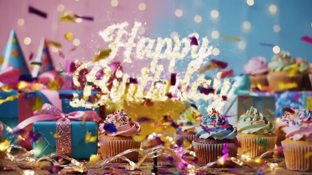 A beautifully decorated indoor Happy Birthday party with soft warm lights colorful balloons cake on a wooden table,