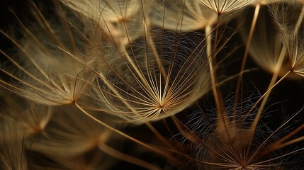 Close Up of Dandelion Seeds with Warm Golden Light on Dark Background