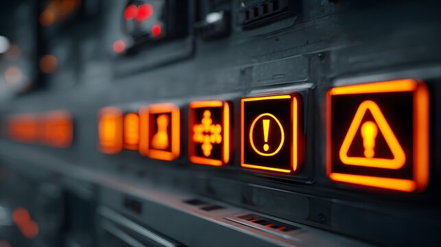 Row of illuminated orange warning indicators glows on a dark industrial control panel surface - Powered by Adobe