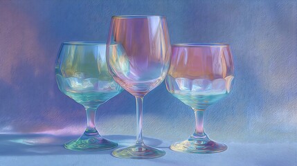 Set of Three Transparent Wine Glasses with Colorful Reflections on Blue Background