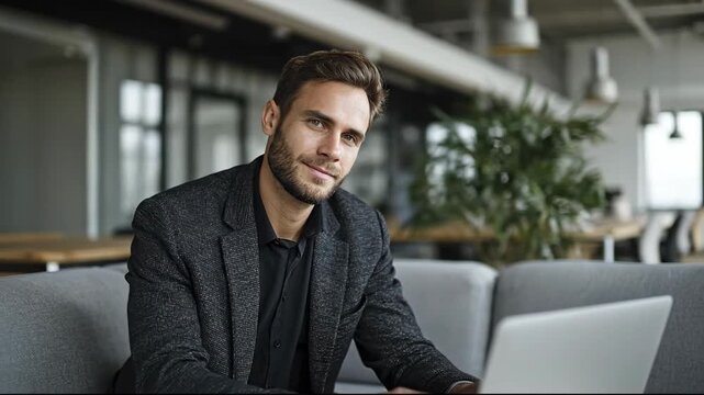 A brown-haired man with a beard wearing a blazer sits on a grey couch with a laptop in a modern office