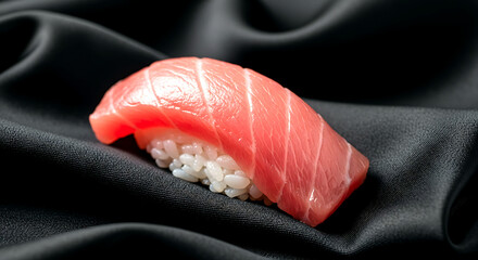 Japanese minimalist. a single, flawless nigiri with otoro tuna placed on a folded black silk cloth, the fabric's texture contrasting with the glossy fish