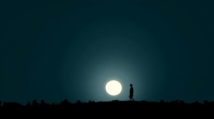 Silhouette of Person Walking Near Large Bright Moon on Dark Night Sky
