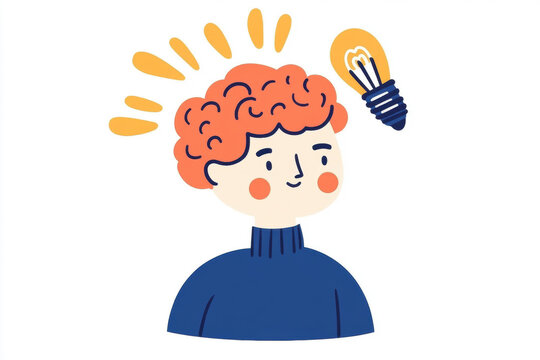 Cartoon illustration of a person with a bright idea and lightbulb. illustration depicts a person with a lightbulb above their head, representing a new idea or thought process.