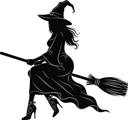 PrintFlying Witch on Broomstick Silhouette Vector Illustration - Halloween Spooky Graphic