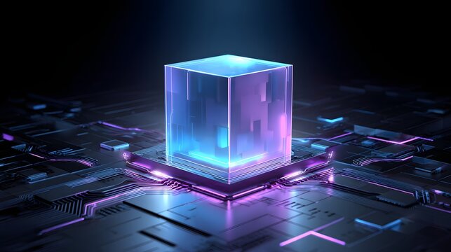 Glowing translucent cube rests upon a complex futuristic circuit board surface