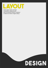 Simple Two-Tone Vector Cover Template: Dominant White Content Area with Yellow 'LAYOUT' Headline and Black Curving Wave Divider at the Bottom, Featuring Bold White 'DESIGN' Typography, Ideal for Minim