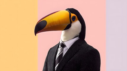 Obraz premium Exotic bird wearing formal business attire stands against a split pastel background