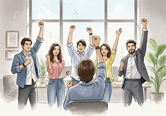Dynamic team celebrates success in bright modern office, raising arms in triumph and excitement after achieving company goals, fostering vibrant teamwork