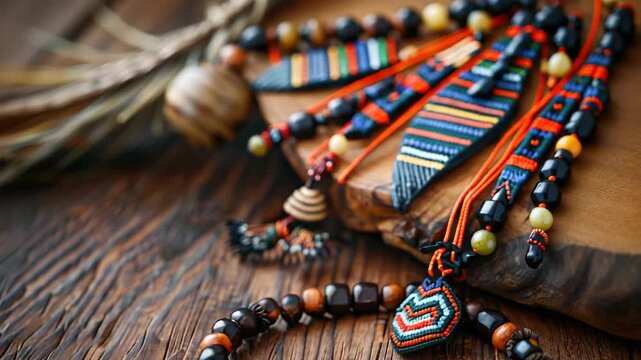 Handmade beaded jewelry with wooden accents on rustic table