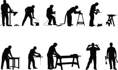 Carpentry workshop silhouette set, woodworker using power tools, cutting, drilling, sanding, construction labor, professional handyman activities, vector illustration pack