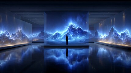 Silhouette Person Observing Blue Digital Mountain Landscape in Modern Dark Gallery