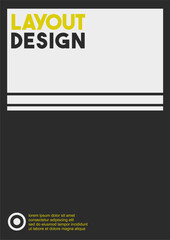 Modern Vector Template with Minimalist Geometric Design: Dark Charcoal Background Featuring a Top White Block, Bold 'LAYOUT DESIGN' Typography in Yellow and Black, and Clean White Divider Lines, Ideal