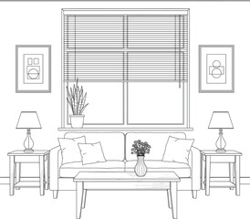 PrintLiving Room Interior Design Sketch Line Art Vector Illustration - Sofa, Coffee Table, and Window Outline Graphic