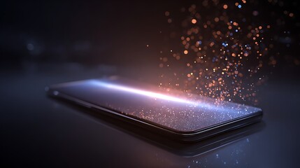 Modern Sleek Smartphone with Glowing Orange and Blue Light Particles on Dark Background