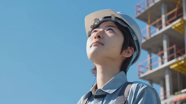 建設現場を見つめ未来を想う若手作業員のシーン
