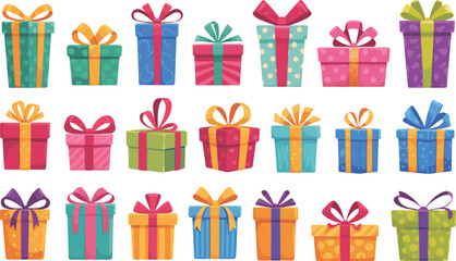 Colorful gift box collection vector illustration with ribbons and bows, cute holiday present set for Christmas, birthday, celebration, packaging design