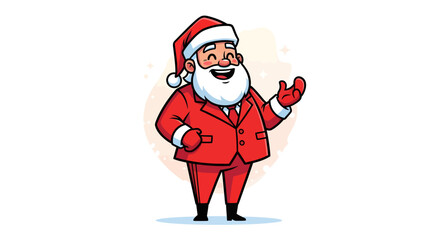 A cheerful cartoon Santa Claus character in a modern red suit, smiling and waving against a white background.