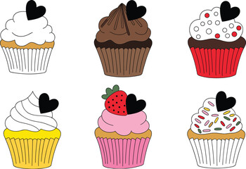 Cupcake vector set with heart toppers, frosting swirls and sprinkles, dessert bakery illustration for Valentine, menu, sticker and packaging designs