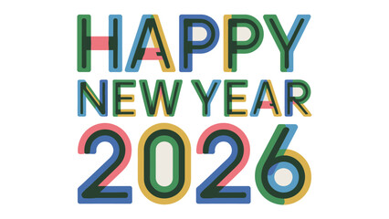 Vibrant New Year 2026 Typography: A colorful graphic design spells out HAPPY NEW YEAR 2026, celebrating the start of a fresh year with joyful typography.