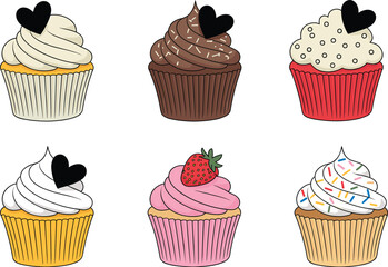 Cute cupcake vector collection with heart toppers, frosting swirls and sprinkles, bakery dessert icons for Valentine, menu, packaging, sticker designs