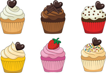 Cute cupcake vector illustration set with chocolate hearts, colorful frosting and sprinkles, bakery dessert icons for Valentine, menu, sticker, packaging