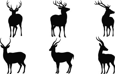 Deer and antelope silhouette vector set, wild animal shapes, hunting and wildlife design elements for logos, prints, signage, branding projects