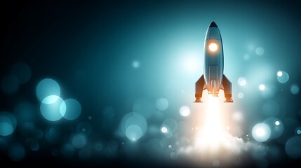 Silver Rocket Launching with Bright Flames in Dark Futuristic Space Background