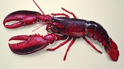 Detailed Illustration of a Whole American Lobster Displaying Its Striking Red Coloration and Prominent Claws on Neutral Background Depicting Marine Life.