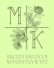 An elegant monogram template with delicate clover leaves and flowers. This vector is perfect for branding, wedding stationery, logos, and any project requiring a touch of classic, organic beauty.