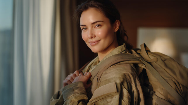 A servicewoman packing her deployment bag at home, pausing to hold a framed family photo as sunlight filters through the curtains — emotional preparation, personal sacrifice, and human depth behind
