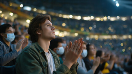 Fans in face masks and gloves watching a match in a post-pandemic stadium — modern sports culture adapting to new realities of safety and unity. cinematic color correction, natural uneven lighting