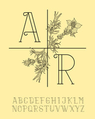 An elegant monogram template with delicate nigella leaves and flowers. This vector is perfect for branding, wedding stationery, logos, and any project requiring a touch of classic, organic beauty.