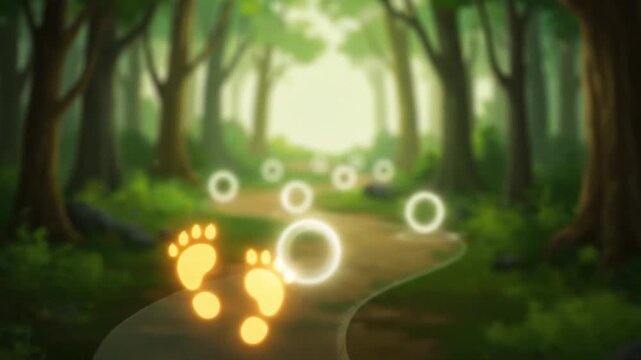 A mystical journey along an enchanted forest path guided by glowing golden footprints and luminous circles, leading towards a bright, ethereal light