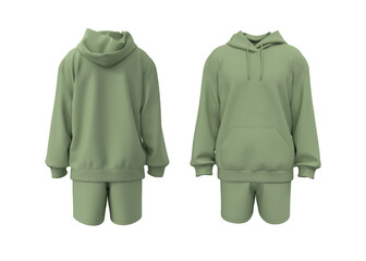 Oversized men’s hoodie and shorts set mockup. Long sleeve streetwear outfit, front and back view. 3d illustration, 3d rendering © Febriana