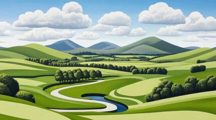 A tranquil landscape features rolling green hills, a winding river, and fluffy white clouds in a clear blue sky.
