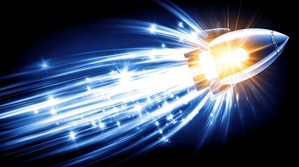 Silver Rocket with Bright Blue and Orange Flames Flying Through Dark Space Background