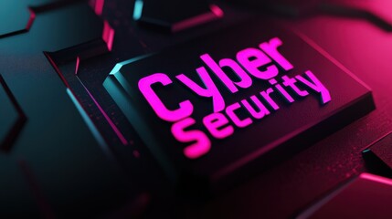 A dark, textured background showcases the vibrant pink and blue lettering of "Cyber Security," illuminated for emphasis.
