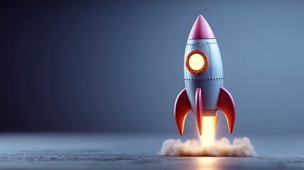 Small Retro Rocket Toy Launching with Orange Flames on Dark Blue Background