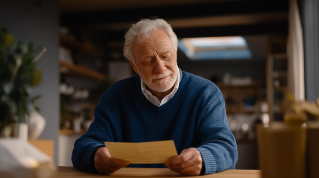 An elderly man opening a long-awaited letter at his dining table, pausing with trembling hands as life-changing news sinks in — senior emotional storytelling, isolated moment of reflection, and - Powered by Adobe