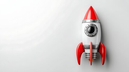 Small Retro Red and White Rocket Model on White Background with Soft Lighting