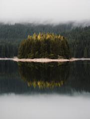 A peaceful island covered in coniferous trees is mirrored in the still waters of a lake, with fog-shrouded mountains in the background on a tranquil morning. Generative AI.