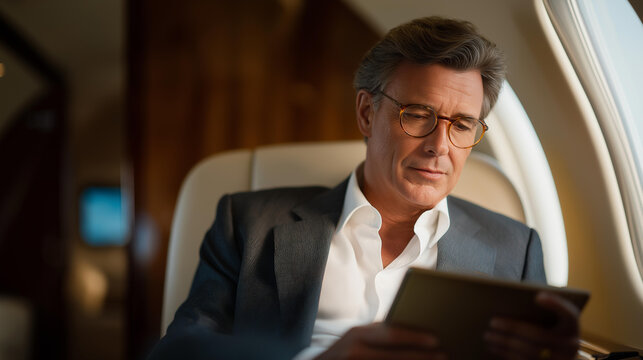 A CEO analyzing real-time market fluctuations on a tablet while flying in a private business jet — high-level mobility, rapid decision-making, and global executive lifestyle. cinematic color