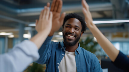 A team gathered around a colleague as they announce a major project win, applause and high-fives erupting in a brightly lit modern office — collaborative success, career acceleration, and