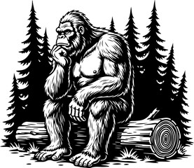 Obraz premium Thinking Bigfoot Forest Silhouette Vector